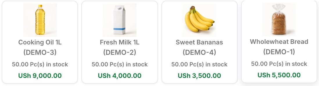 Detail of the actual POS product catalogue with sample bread, milk, cooking oil and bananas