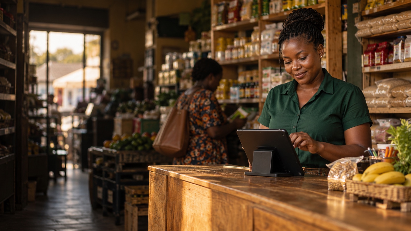 Illustrative shop owner using a tablet at a retail checkout